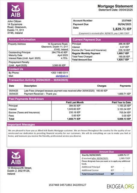 Modèle Word et PDF de relevé hypothécaire d'Irlande Allied Irish Banks